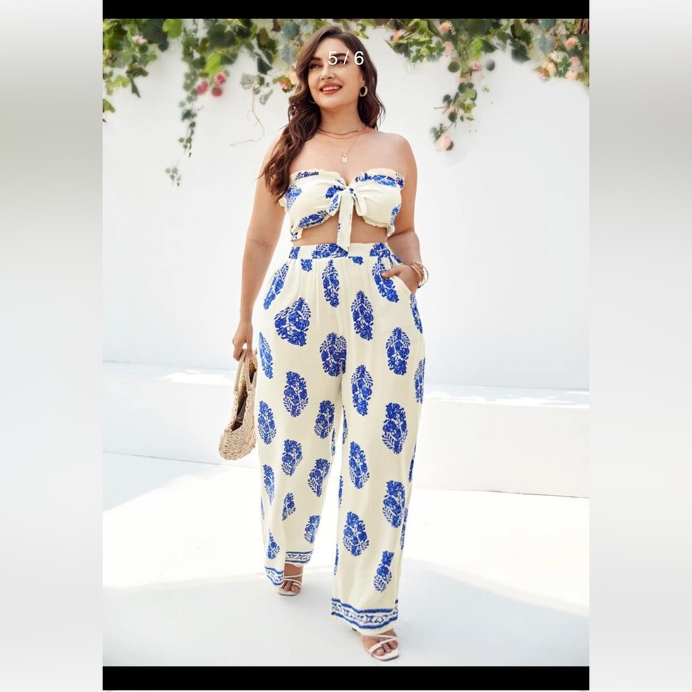 SheIn Curve leaf print, tie top with flowy pants, 3X